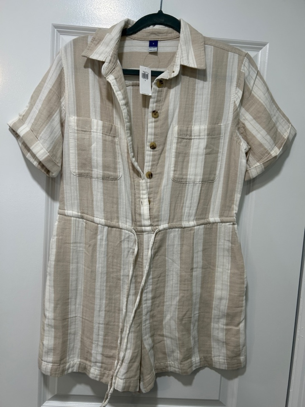Old Navy 100% Cotton gauze Beige and White Striped Short-Sleeve Romper